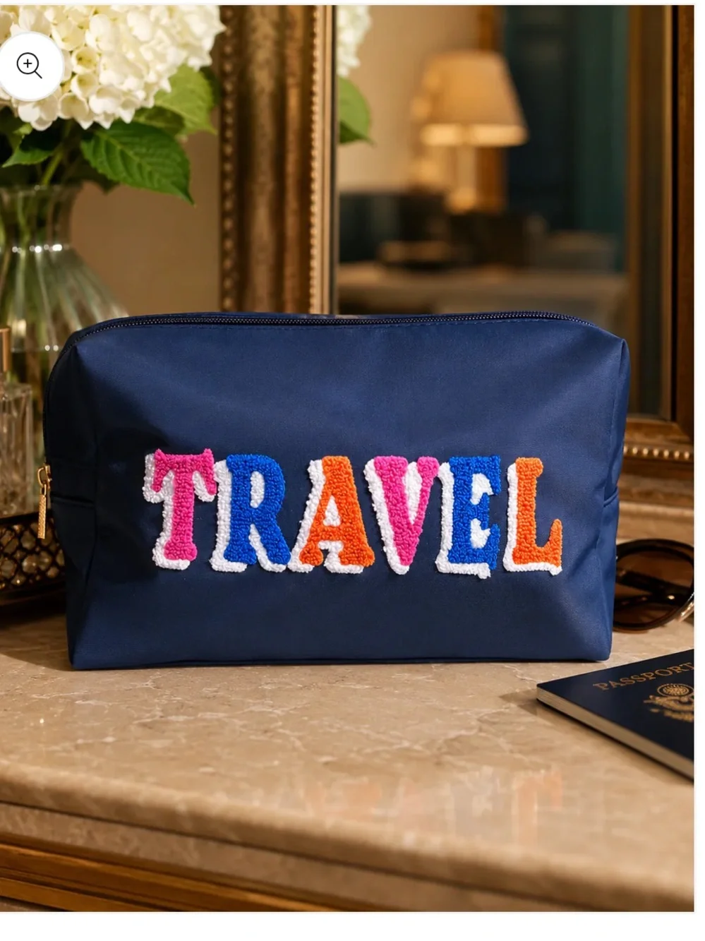 Navy Travel Embroidered Oversized Zip Pouch